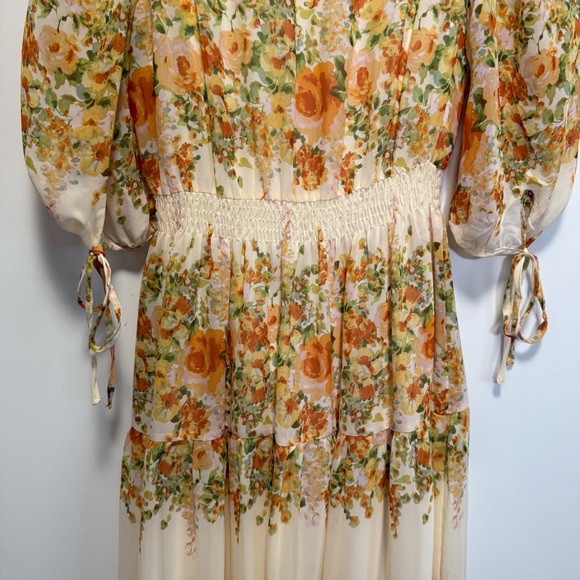 TAYLOR Yellow & White Floral Tiered Smocked Waist Tie Sleeve Midi Dress S Small - Picture 12 of 13
